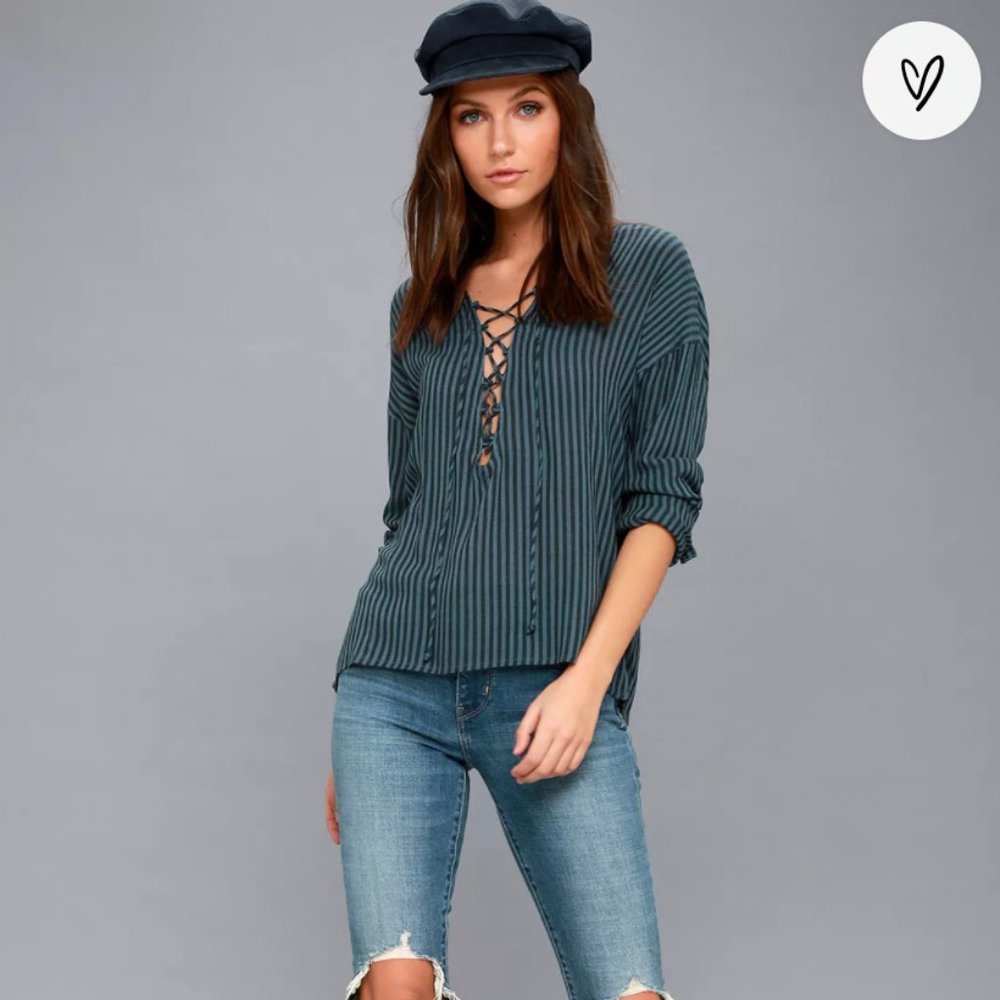 Finding Happiness Teal Blue Striped Long Sleeve La